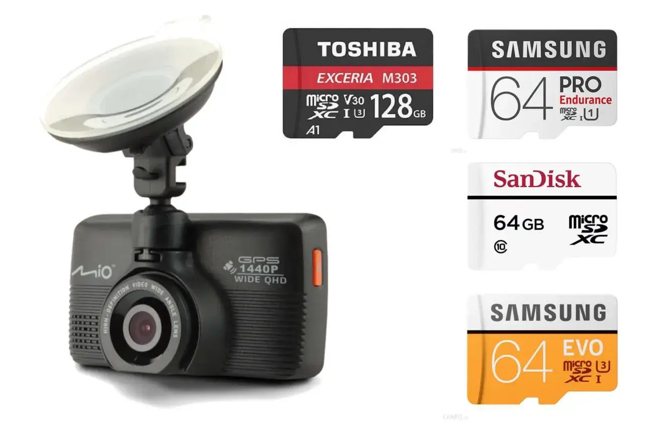 Wideorejestrator Mio z GPS i kartami pamięci 64GB/128GB. Zastanawiasz się, ile czasu nagrywa wideorejestrator? Zależy to od pojemności karty.