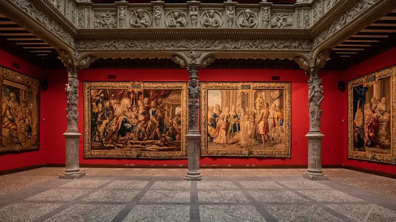 Exhibición de tapices históricos en sala roja, con columnas ornamentadas y suelo empedrado. Un vistazo a la cultura en