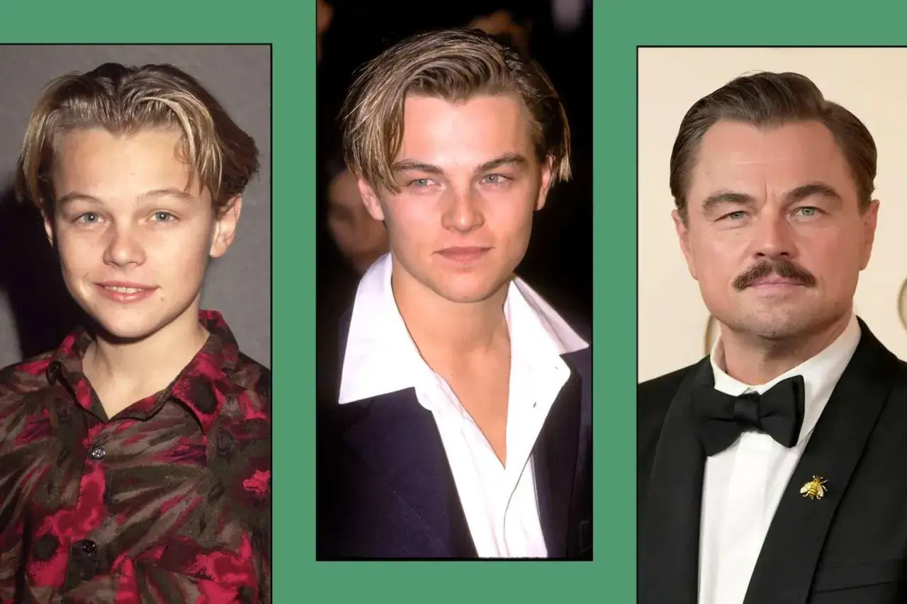 Trzy zdjęcia Leonardo DiCaprio pokazujące jego wiek: jako młody chłopak, nastolatek i dojrzały mężczyzna.