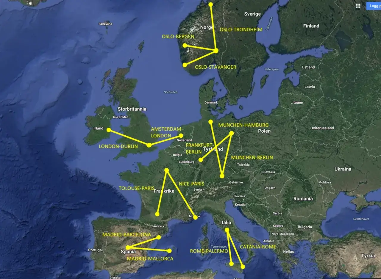 Trasa lot&oacute;w przez Europę: od Oslo po Rzym i Palermo. Zastanawiasz się, ile leci się do Włoch? Mapa pokazuje połączenia z Londynu, Paryża, Berlina i innych miast.