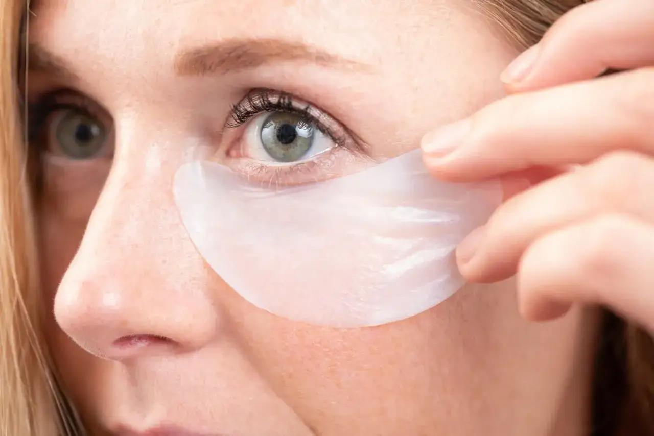Une femme applique des patchs sous ses yeux, une astuce pour savoir comment enlever les cernes en une nuit.