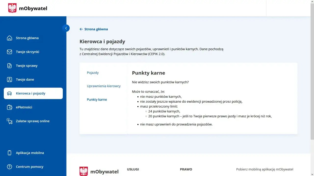 Ile można mieć punktów karnych? Sprawdź na mObywatel.pl, czy nie przekroczyłeś limitu 24 punktów, lub 20 przy pierwszym prawie jazdy.