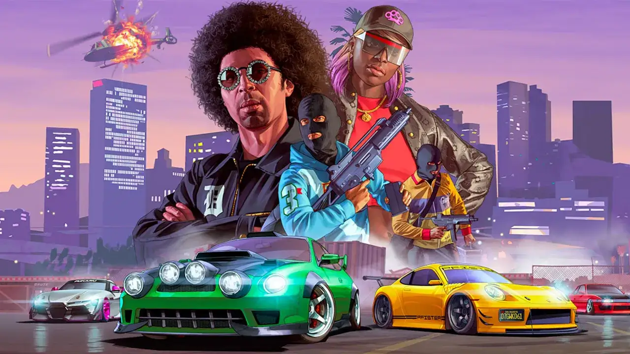 Postacie z GTA 6 Online, szybkie samochody i wybuchający helikopter na tle miasta.