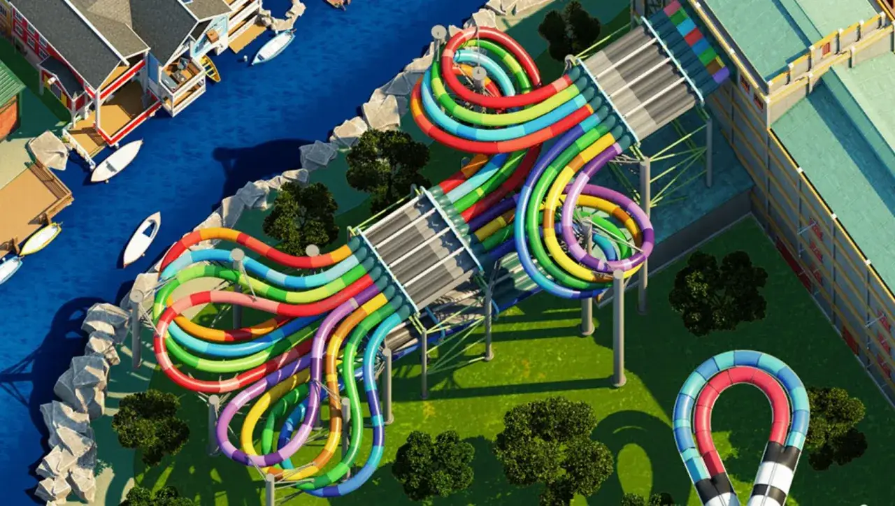 Bunte Wasserrutschen, die in einem Wasserpark ineinander verschlungen sind. Die vielen Farben und Kurven lassen auf tolle rulantica erfahrungen hoffen.