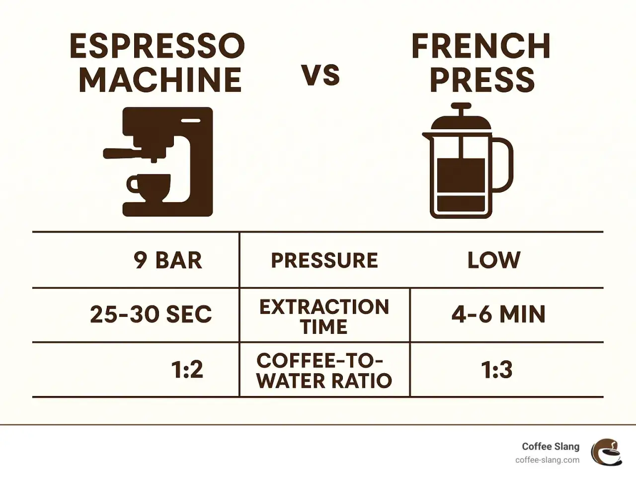 Porównanie ekspresu do kawy i french pressa: ciśnienie, czas parzenia kawy i proporcje.