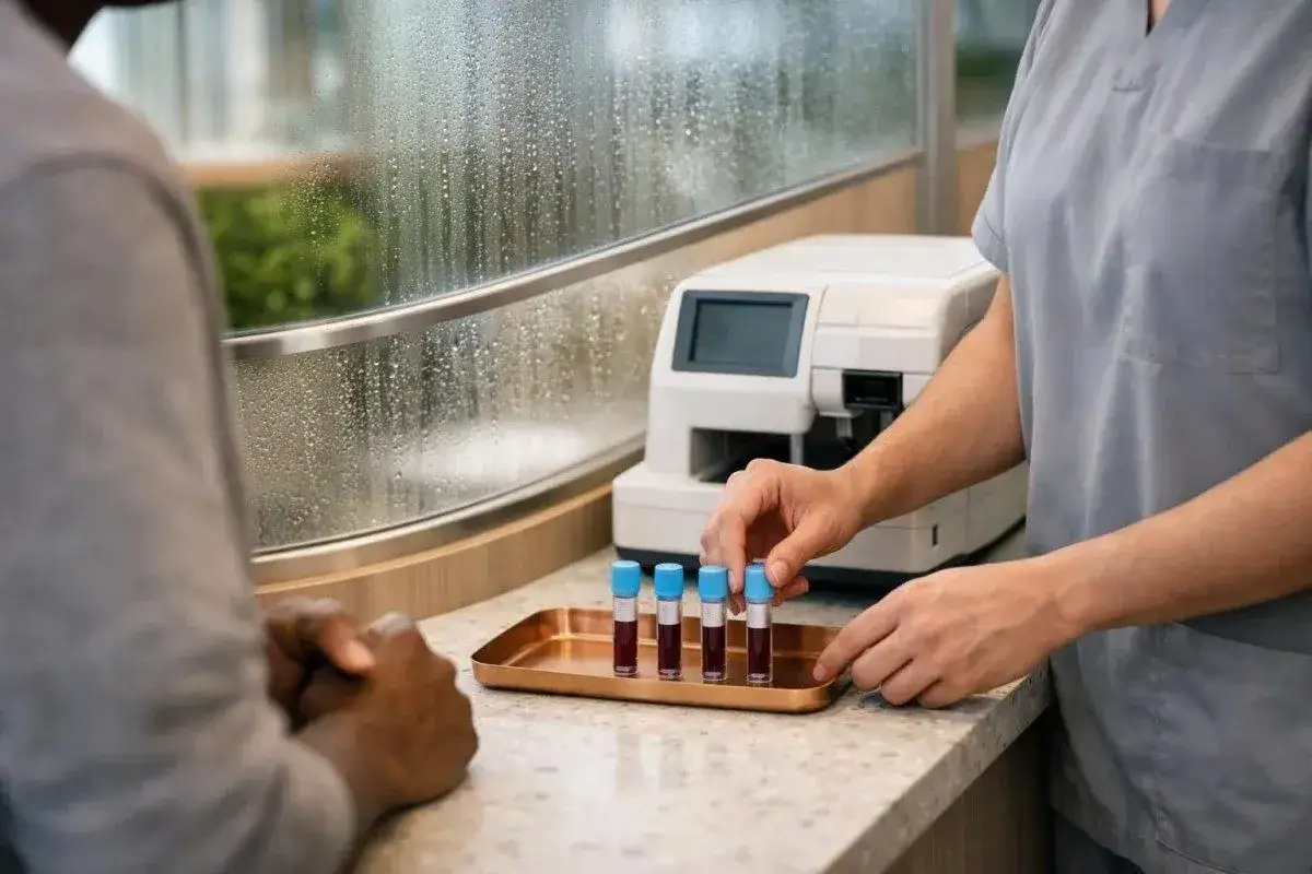 Próbki krwi na tacy, gotowe do analizy czasu protrombinowego. Obok aparat laboratoryjny.