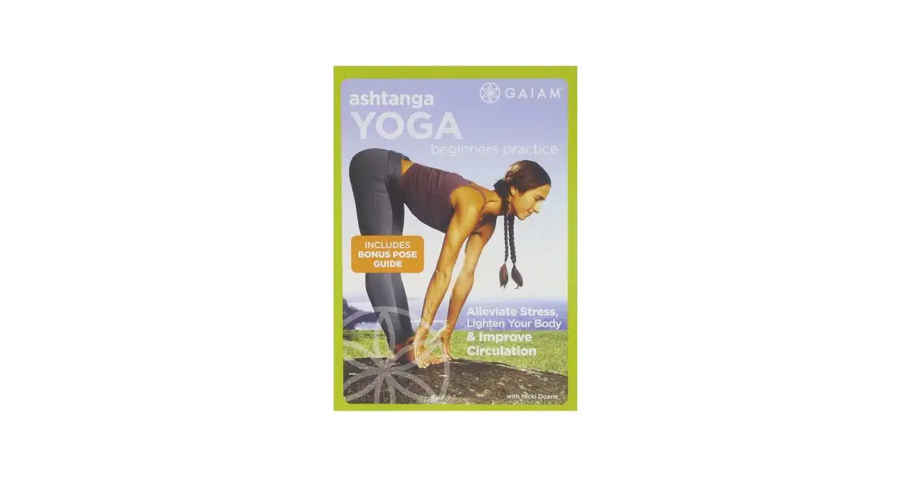Kobieta wykonuje pozycję jogi. Okładka DVD