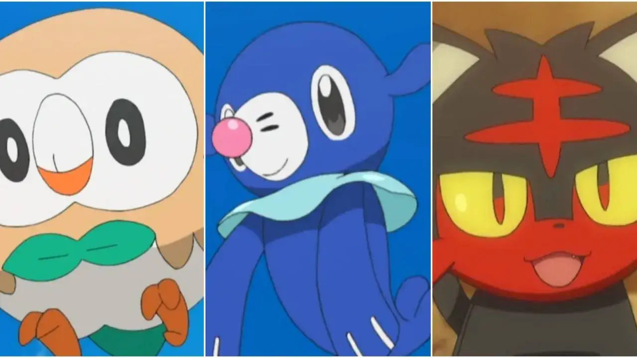 Los pokemon sol y luna iniciales: Rowlet, Popplio y Litten, listos para la aventura en Alola.