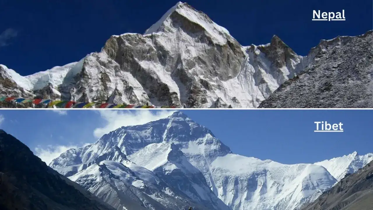 Dwie perspektywy na Mount Everest: trasa z Nepalu z kolorowymi flagami i widok z Tybetu.