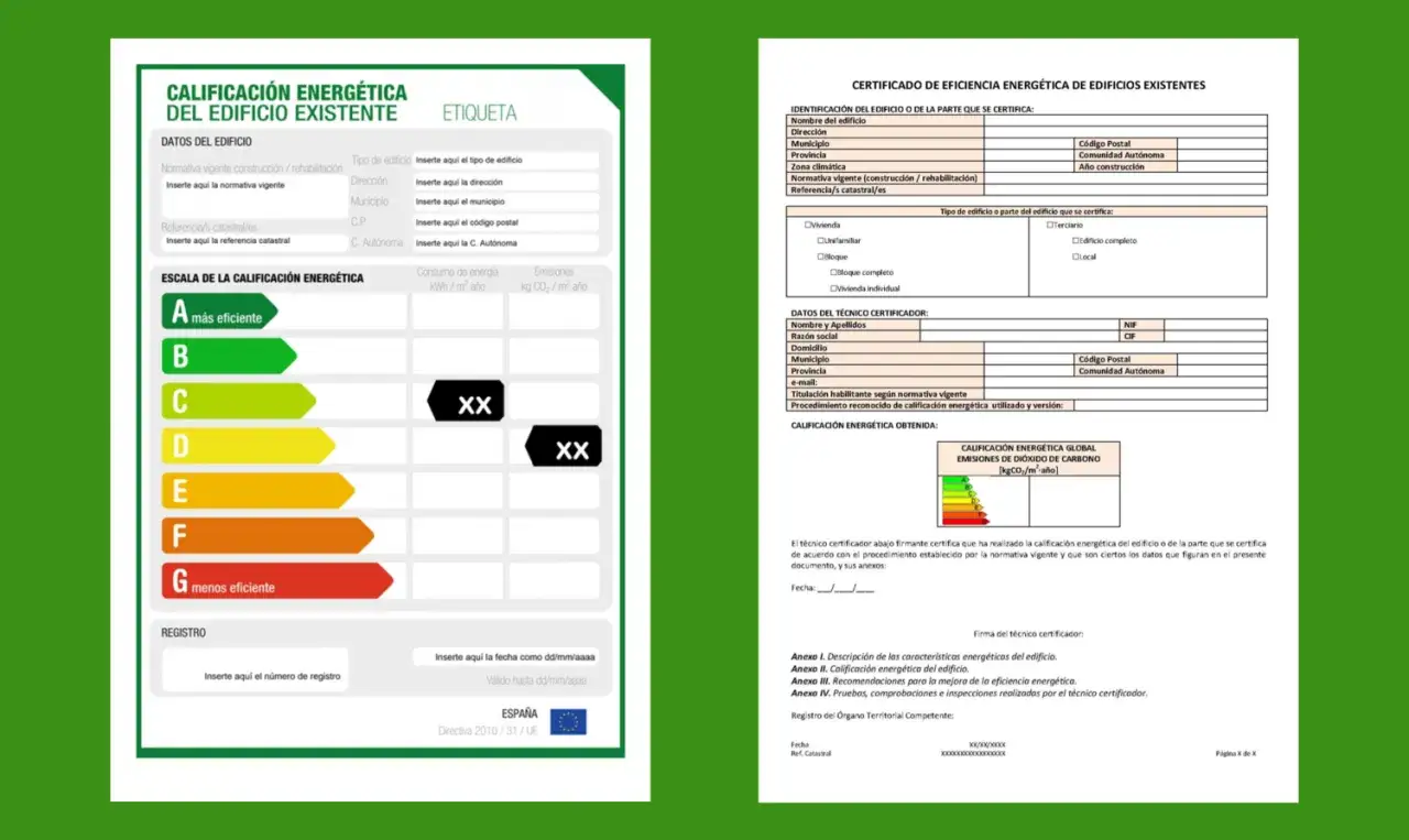 Certificado de eficiencia energ&eacute;tica con escala de A (m&aacute;s eficiente) a G (menos eficiente). Muestra la validez del certificado energ&eacute;tico y datos del edificio.