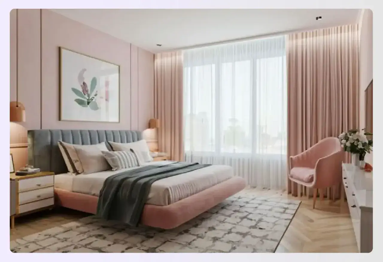 Paleta de colores para pintar dormitorios: un dormitorio moderno con cama rosa, cabecero gris, alfombra geométrica y sillón rosa.
