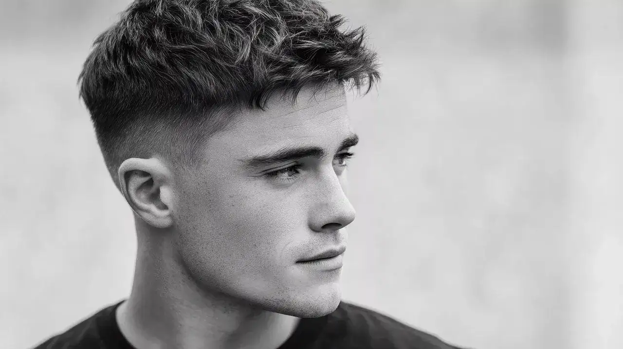 Perfil de hombre con corte de pelo moderno, con un degradado **burst fade** que resalta su estilo.