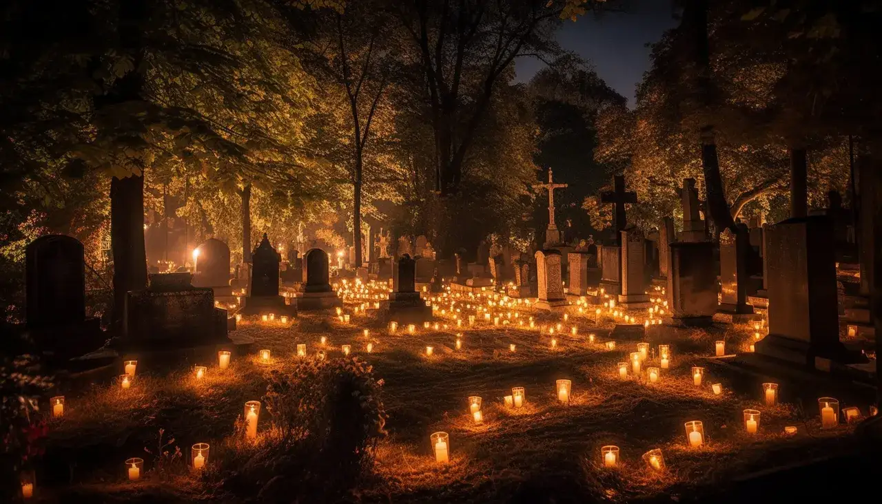 Nocny cmentarz rozświetlony tysiącami zniczy. Warto pamiętać, dlaczego nie wolno przynosić rzeczy z cmentarza do domu, by nie zakłócać spokoju zmarłych.