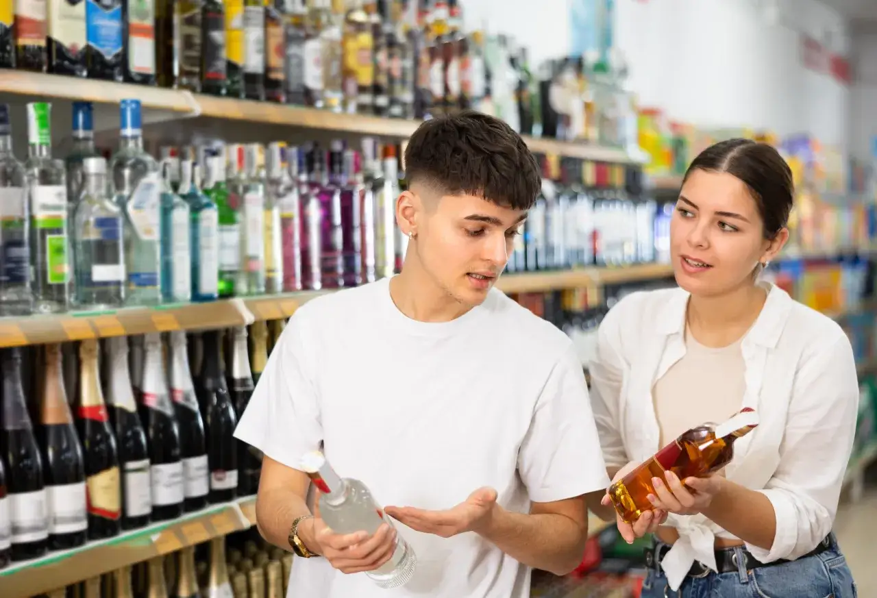 Młodzi ludzie w sklepie z alkoholem. Zastanawiają się, co grozi za picie alkoholu w wieku 17 lat.