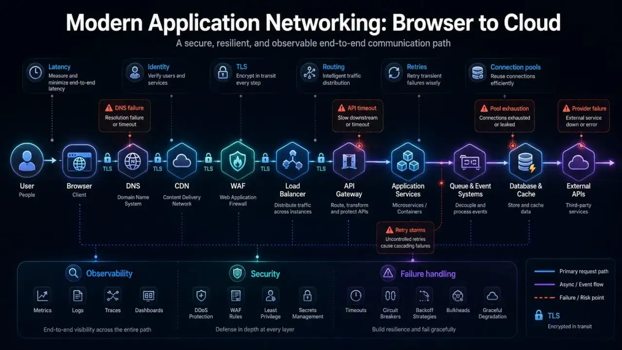 Ścieżka komunikacji Browser to Cloud, gdzie błąd DNS może spowodować err_connection_timed_out. Diagram pokazuje elementy sieciowe i obsługę błędów.
