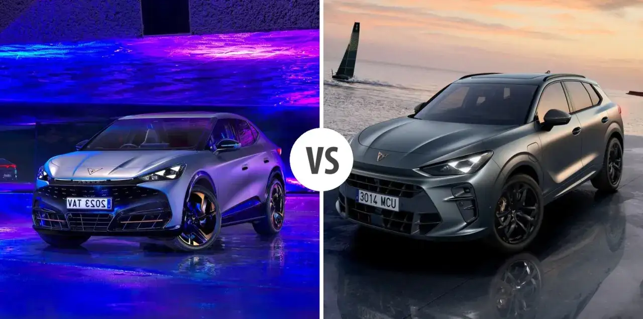 Dwa modele Cupra SUV: jeden w niebieskim świetle, drugi na tle plaży z żaglówką.