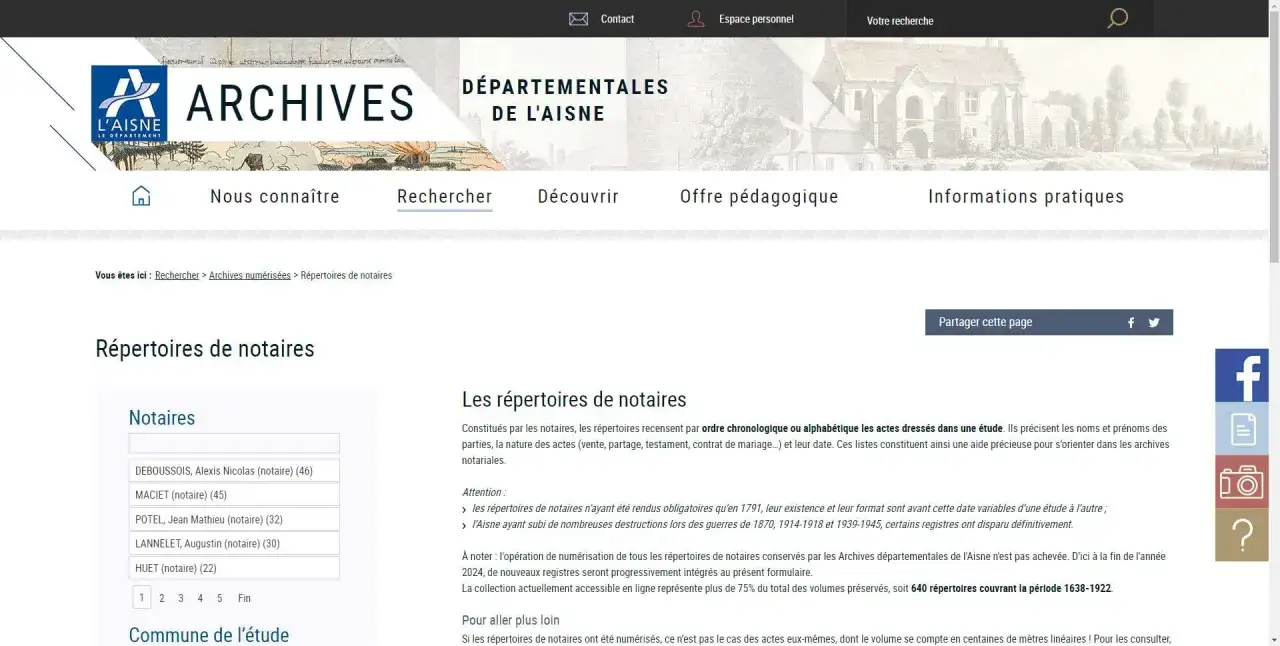 Consultez les r&eacute;pertoires de notaires sur le site des Archives de l'Aisne pour retrouver un acte notari&eacute; en ligne.