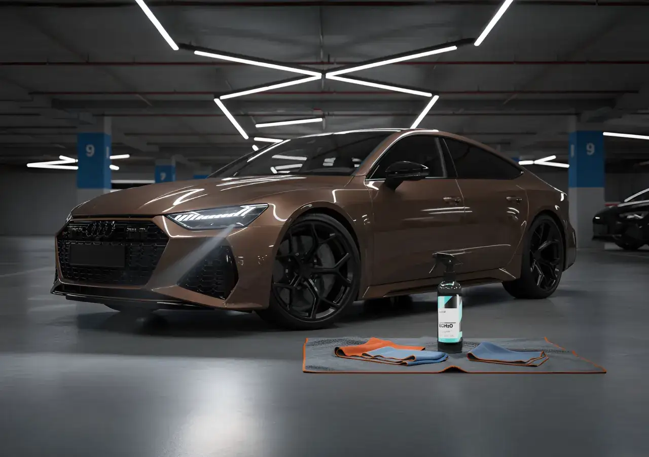Brązowy Audi RS7 lśni w garażu. Obok leży butelka płynu i mikrofibry, gotowe do mycia samochodu.