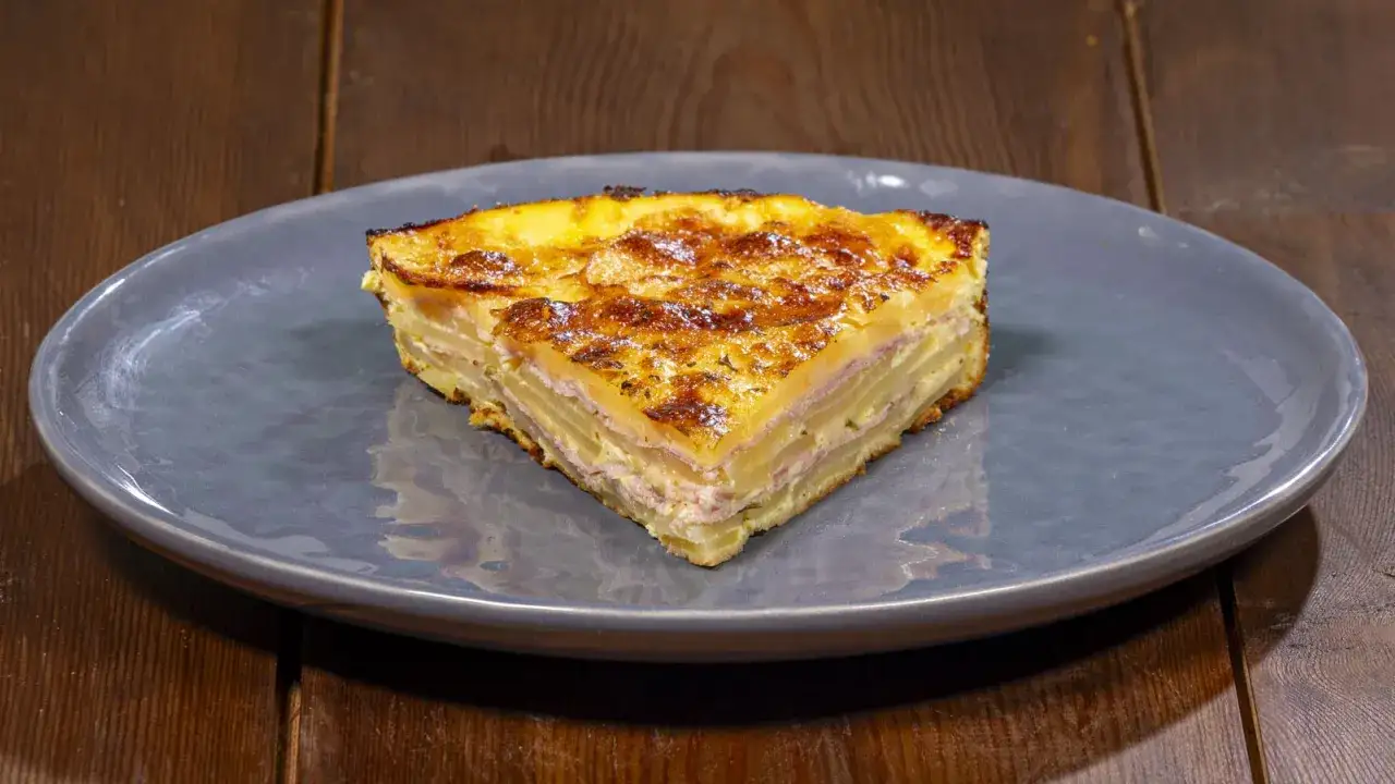 Una fetta di torta di patate dorata e croccante, stratificata con prosciutto e formaggio, servita su un piatto grigio.