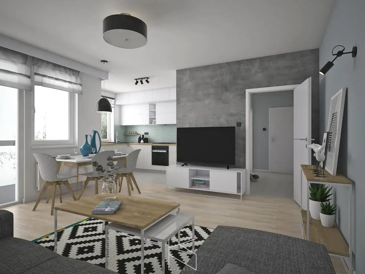 Nowoczesna aranżacja mieszkania w bloku 48m2: salon z aneksem kuchennym, jadalnia, TV.