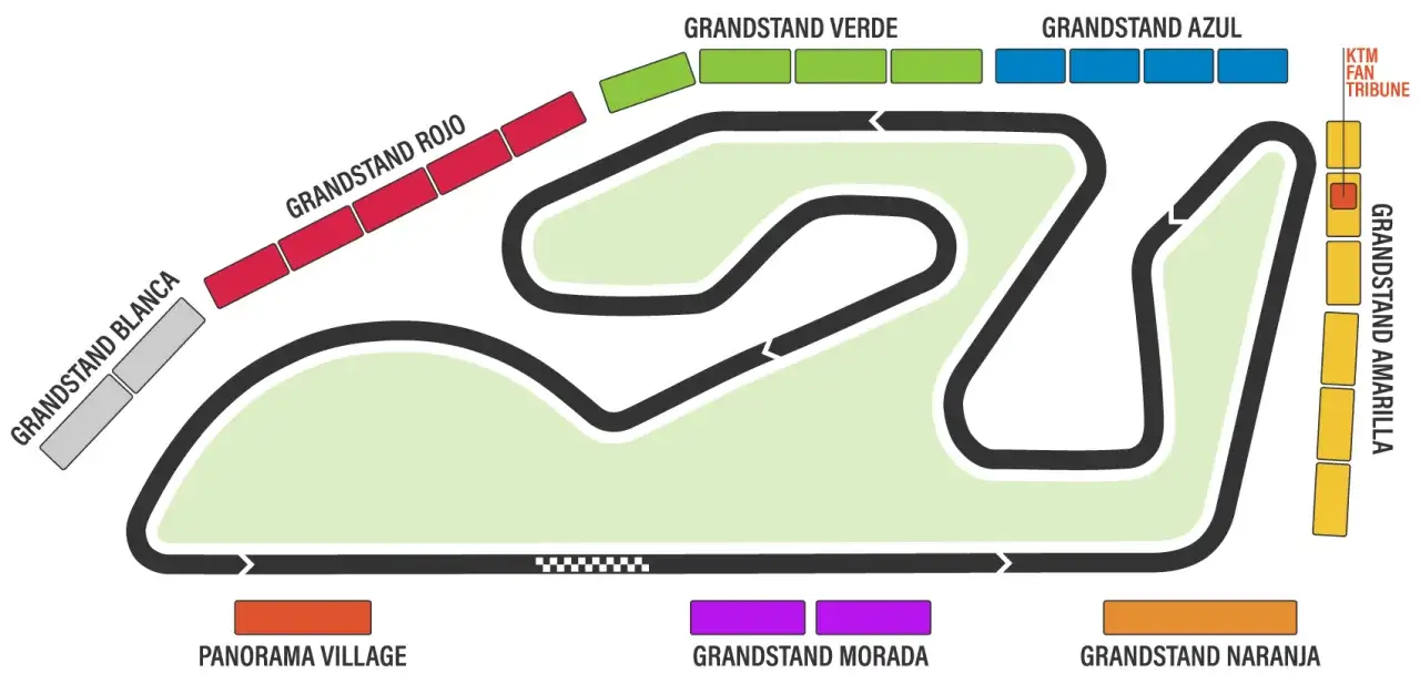 Mapa del circuito Ricardo Tormo con gradas de colores: Blanca, Roja, Verde, Azul, Amarilla, Naranja, Morada y Panorama Village.