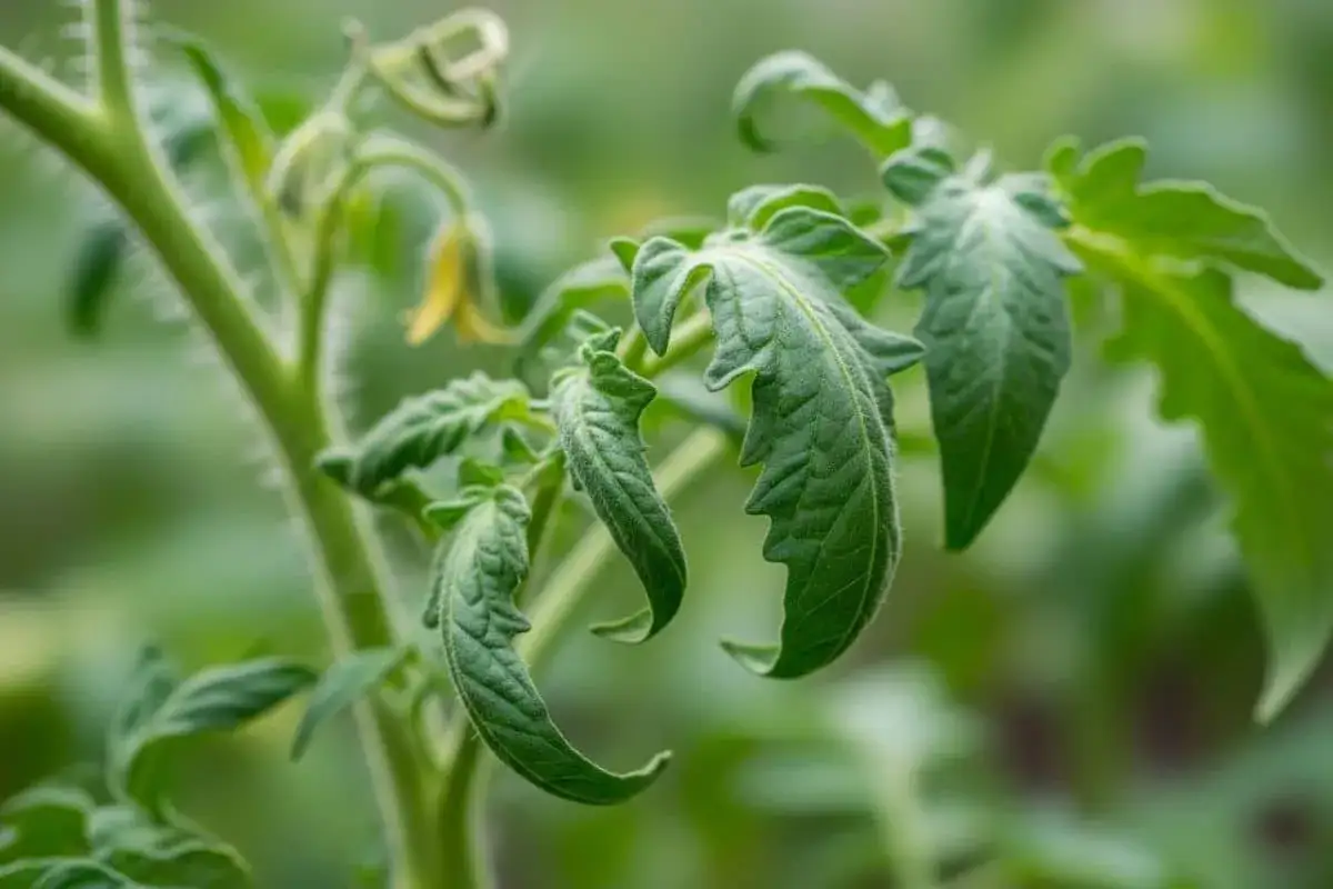 Feuilles de tomate vertes et duveteuses, une petite fleur jaune. Le danger de la tomate r&eacute;side dans sa fragilit&eacute; face aux maladies.