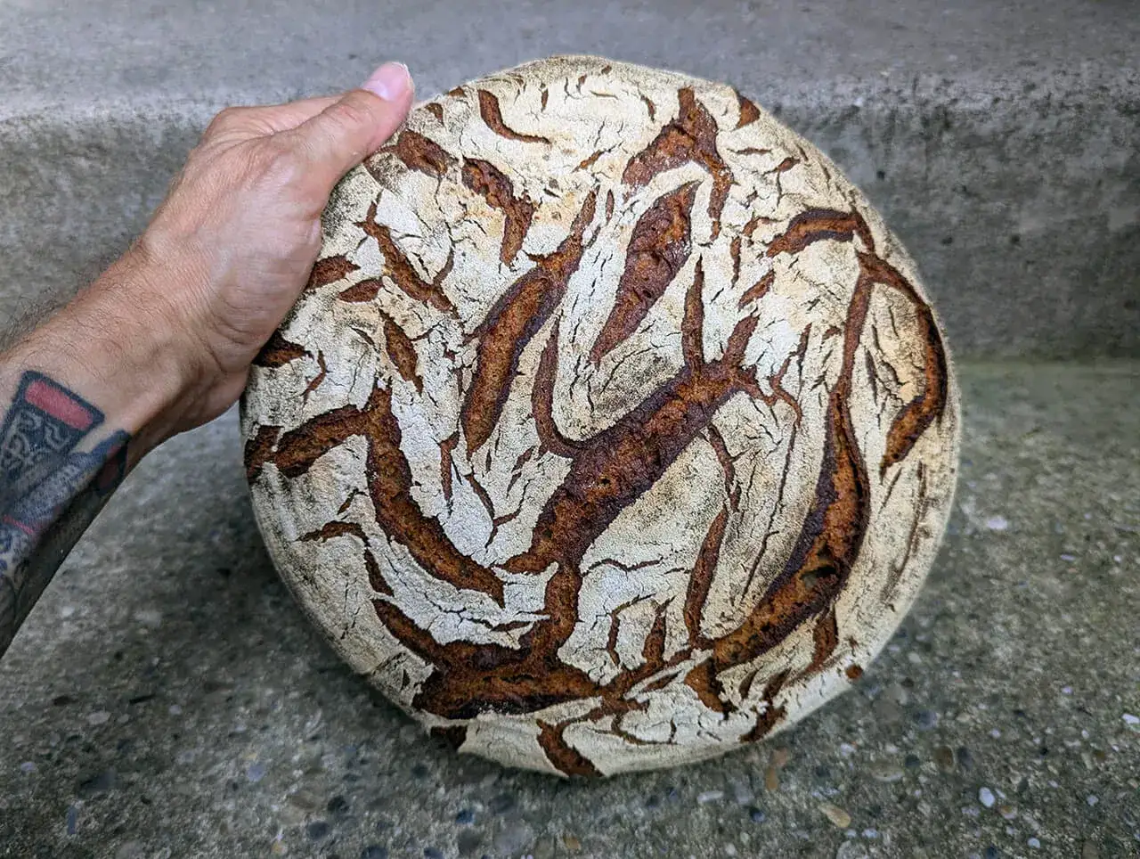 Ein handgefertigtes Sauerteigbrot mit knuspriger Kruste und tiefen Einschnitten, perfekt für Ihr nächstes Sauerteigbrot Rezept.