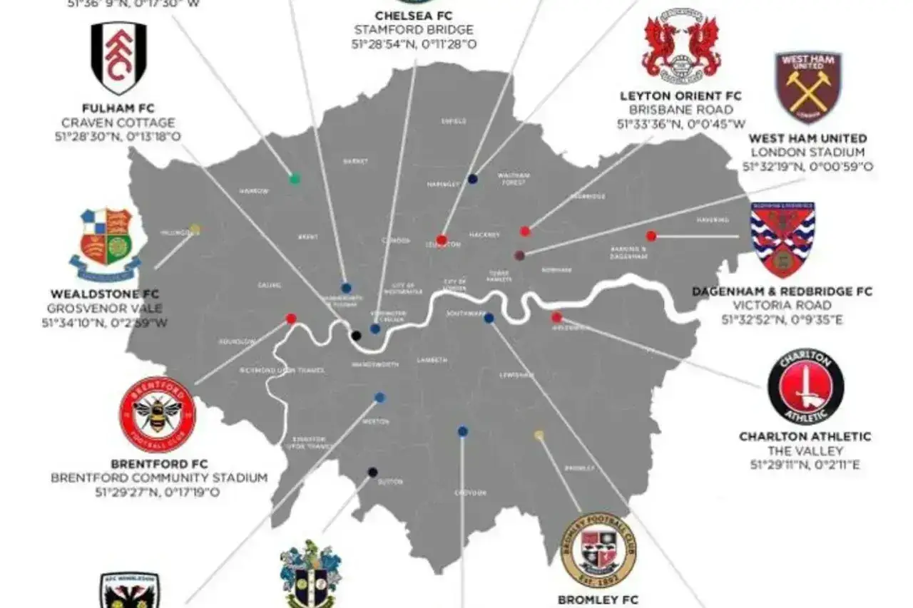 Mapa Londynu z zaznaczonymi lokalizacjami klubów piłkarskich, m.in. Fulham FC, Chelsea FC, West Ham United.