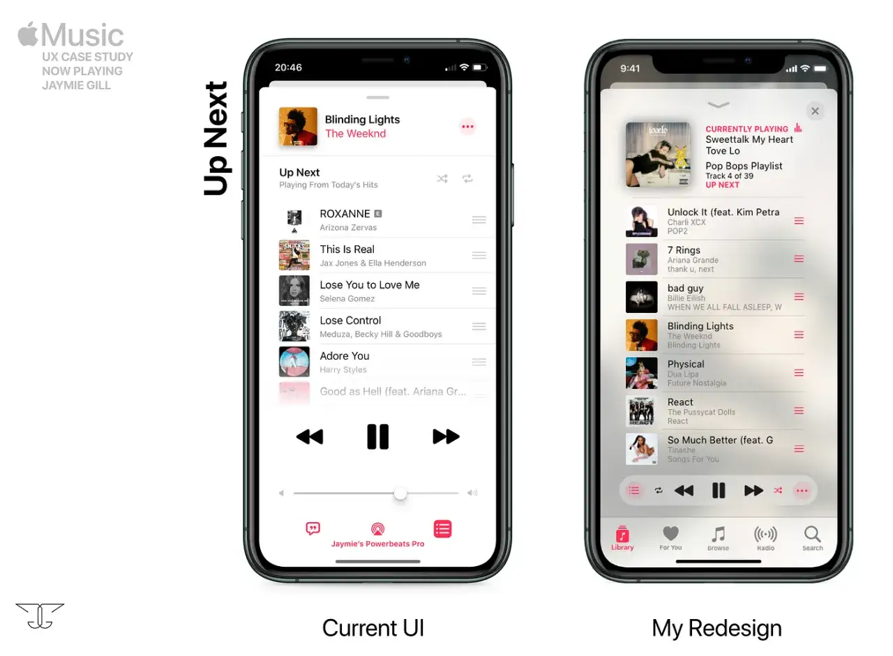 Vergleich von Apple Music: Aktuelle UI vs. Redesign. Das Redesign bietet eine klarere Übersicht über die Wiedergabeliste und das