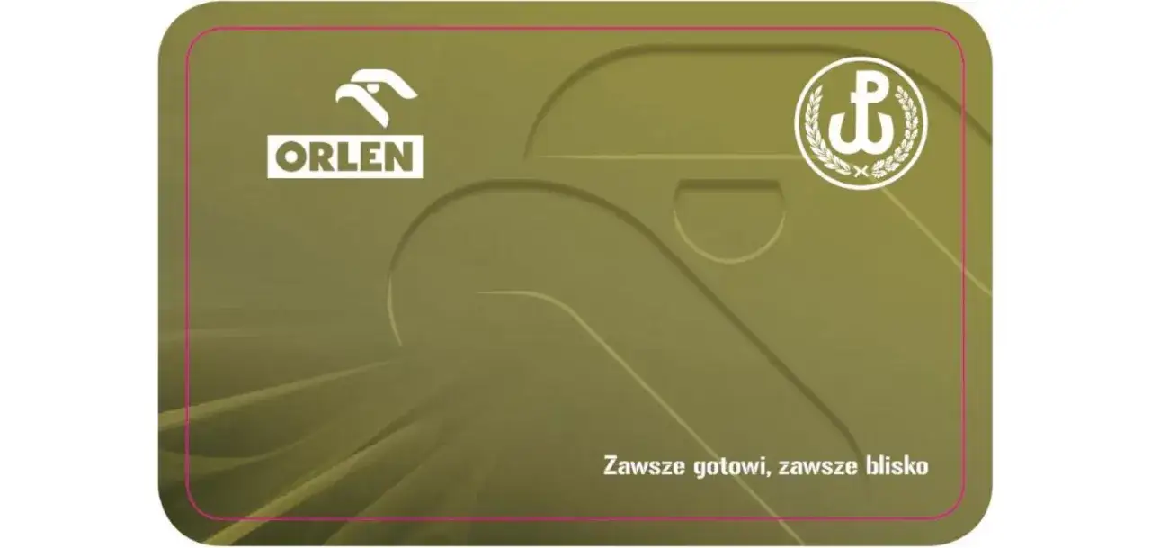 Złota karta Orlen z symbolem Polski Walczącej. Napis 