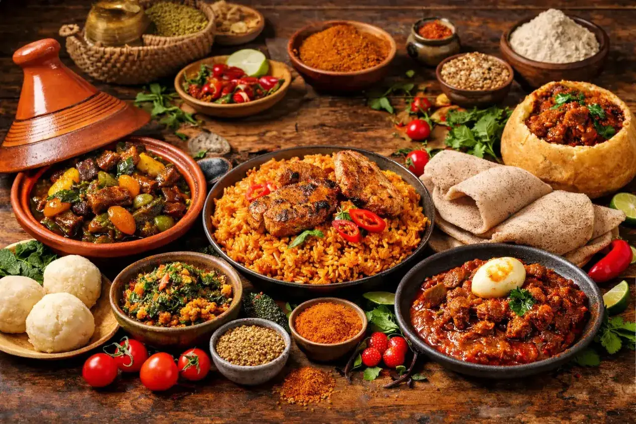 Bogactwo afrykańskiego jedzenia: aromatyczny ryż z kurczakiem, gulasz w tagine, injera i inne przysmaki.