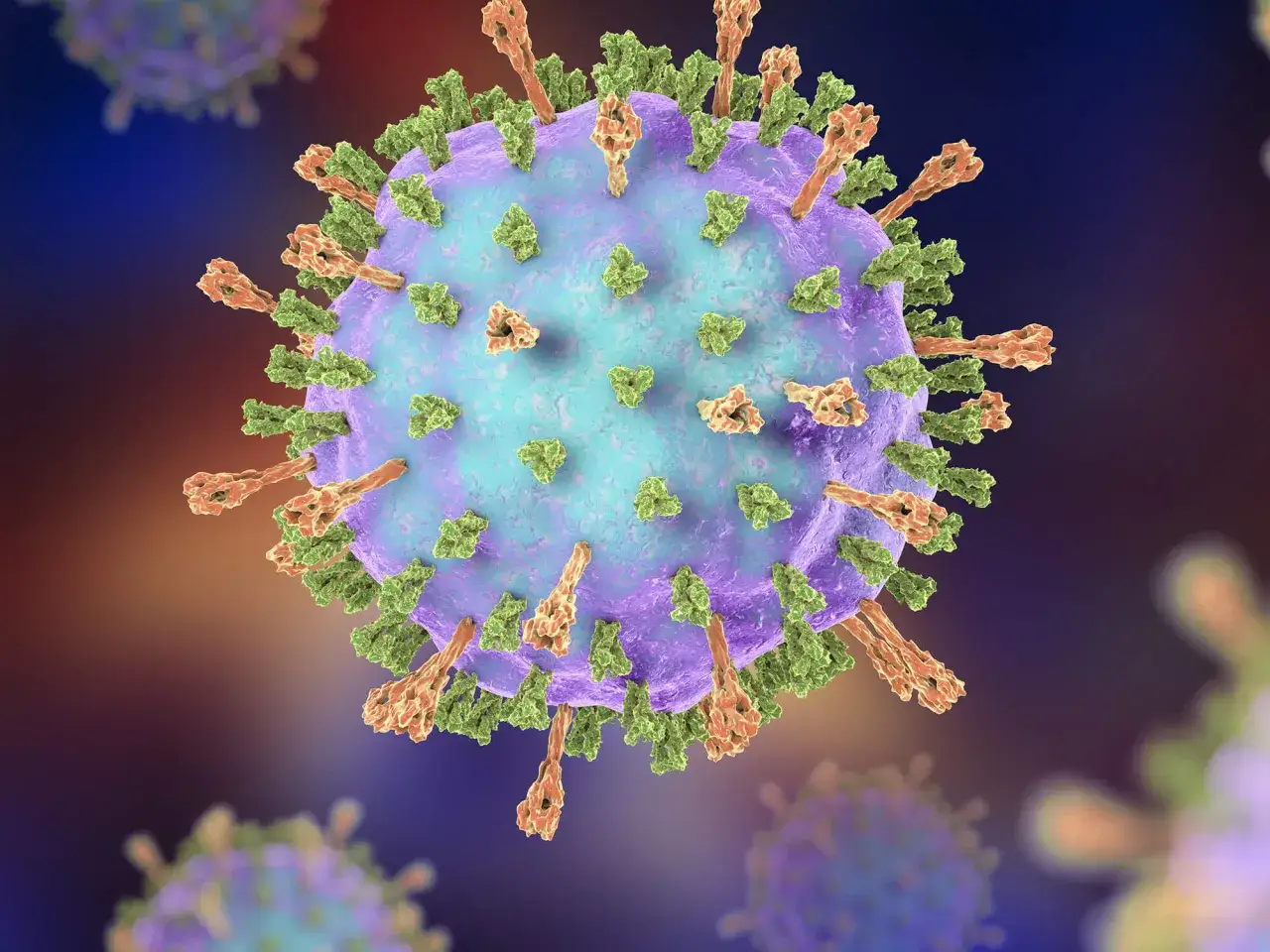 Viruspartikel mit stachelartigen Ausw&uuml;chsen, die an Mumps trotz Impfung erinnern.