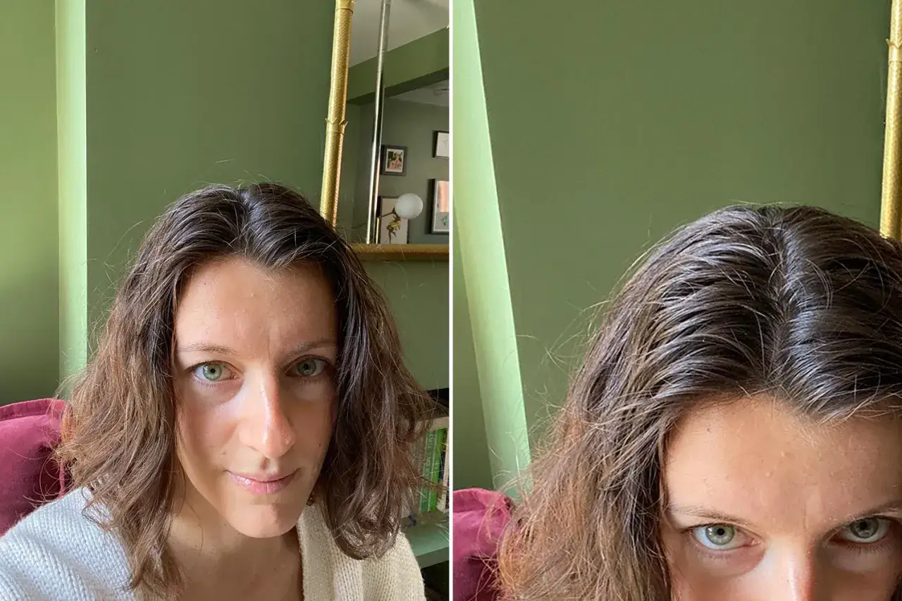 Mujer con cabello castaño, mostrando el antes y después de probar el método no poo. Su cabello luce más saludable y con volumen.