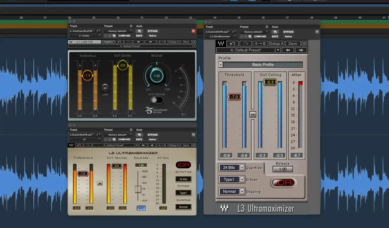 Zwei Audio-Plugins, L1 Limiter und L3 Ultramaximizer, sind geöffnet. Mastering-Plugin-Einstellungen sind sichtbar.