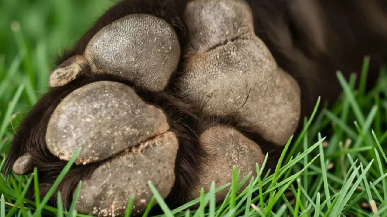 Almohadillas de perro con hiperqueratosis, mostrando la piel engrosada y agrietada.
