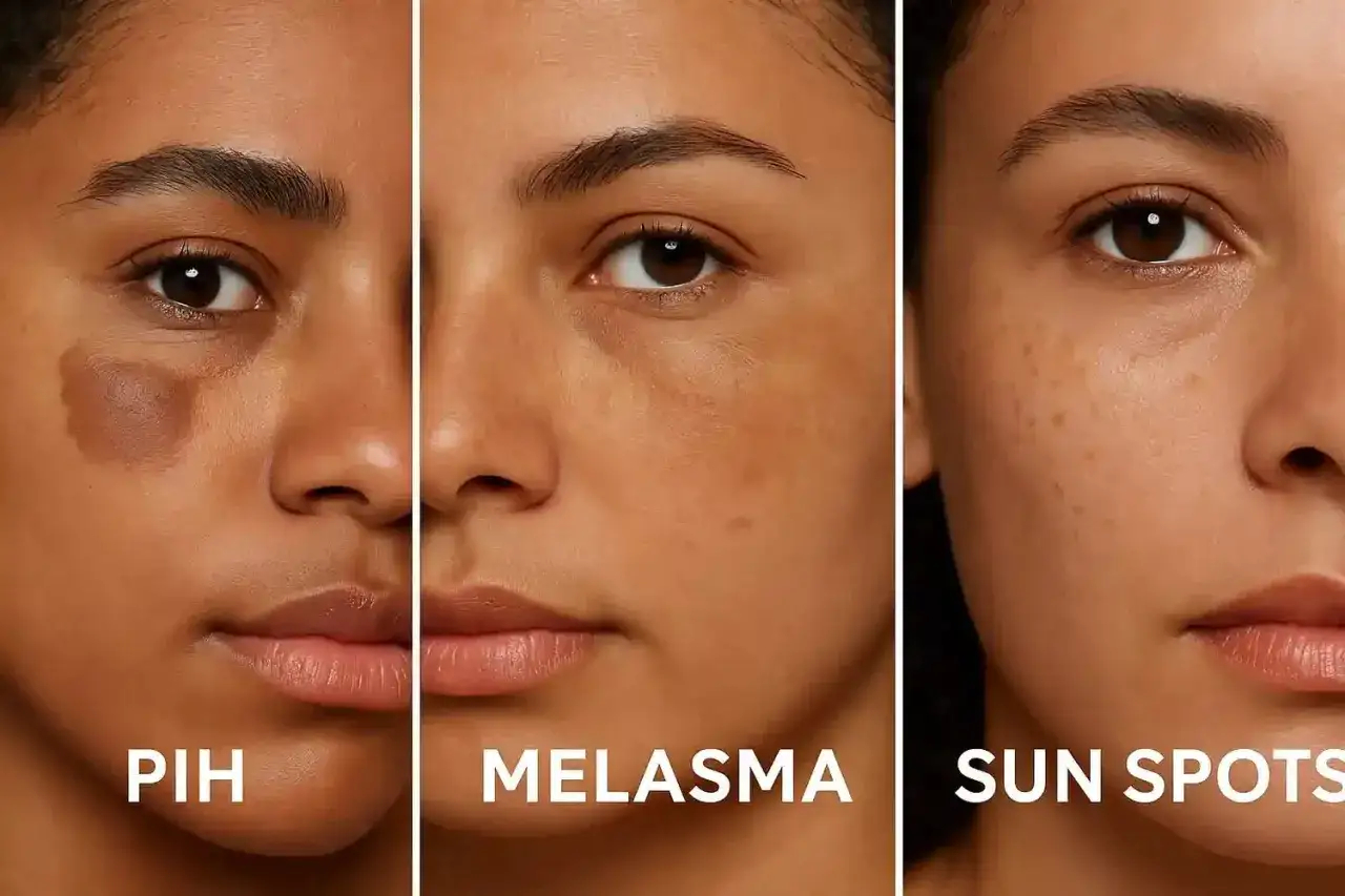 Tre ansikten visar hudproblem: PIH, melasma i ansiktet och solfläckar.