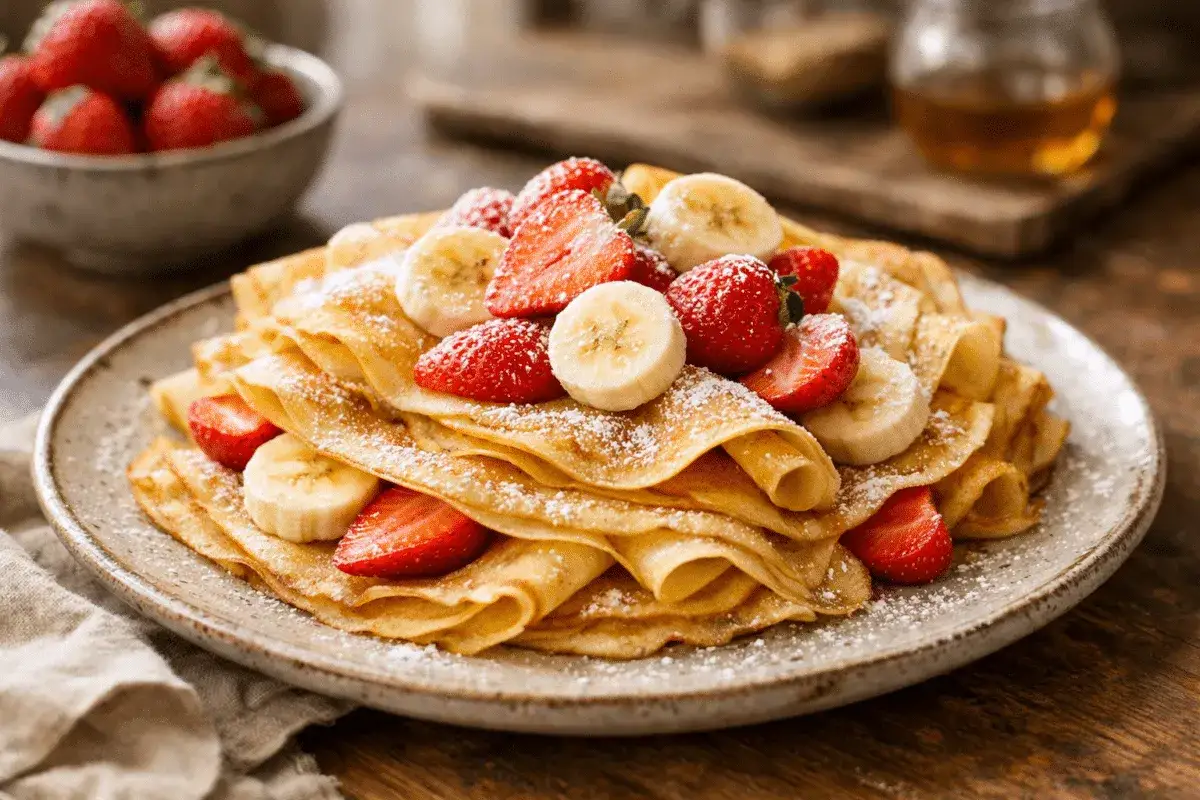 Deliciosa pila de crepes con fresas y pl&aacute;tano, espolvoreados con az&uacute;car glas. Una receta crepes perfecta para el desayuno o postre.