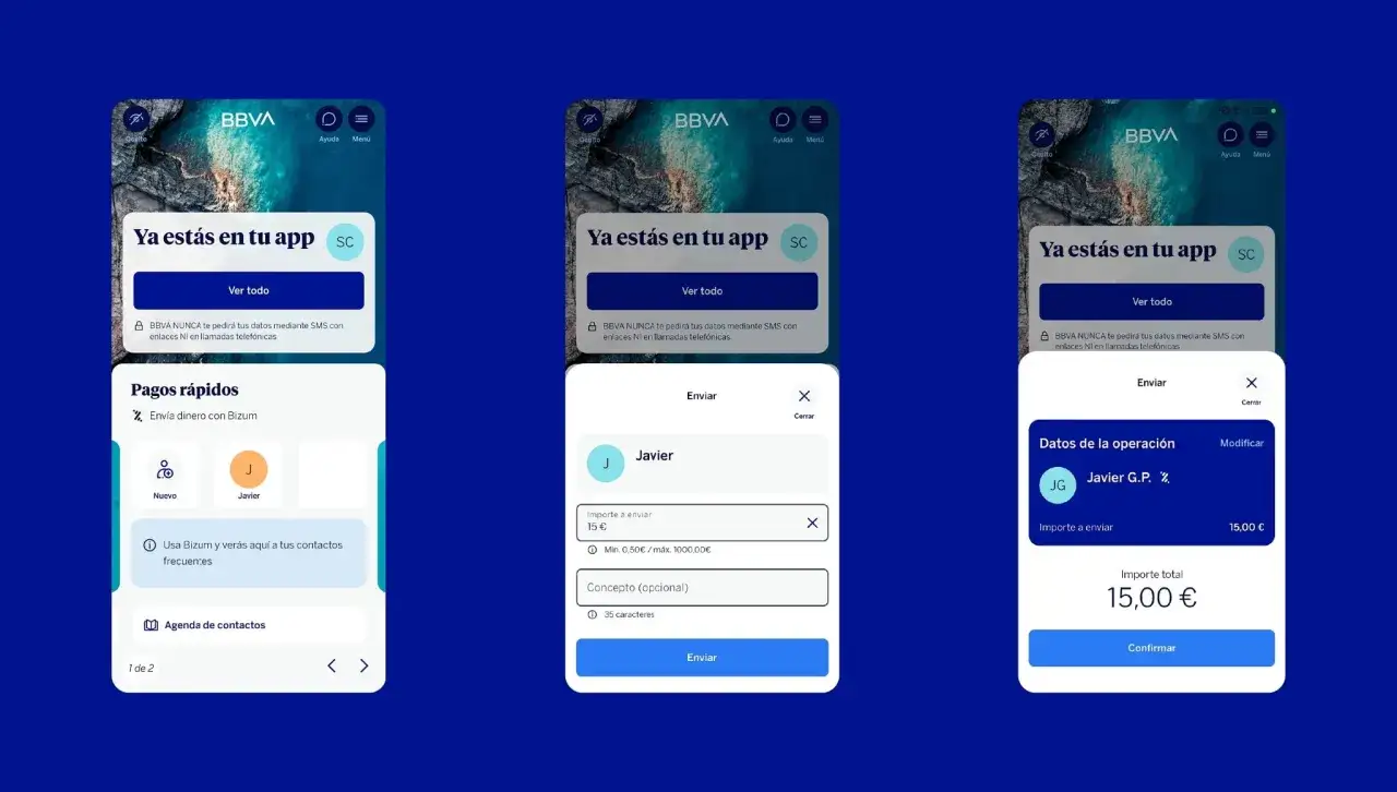 Pantalla de la app BBVA mostrando cómo enviar dinero con Bizum a Javier.