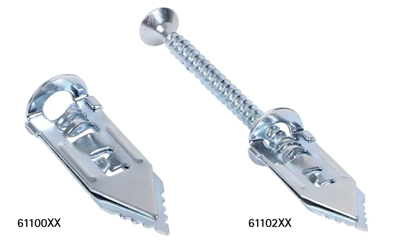 Dos anclajes metálicos para pladur. Uno solo y otro con tornillo. Ideales para saber cuanto peso aguanta el pladur.
