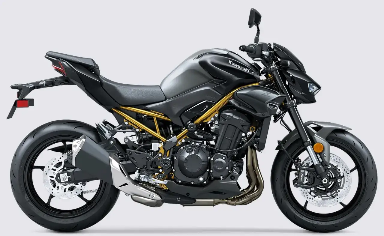 Kawasaki Z900 gris oscuro con detalles dorados. Su peso es ideal para maniobrar con agilidad.