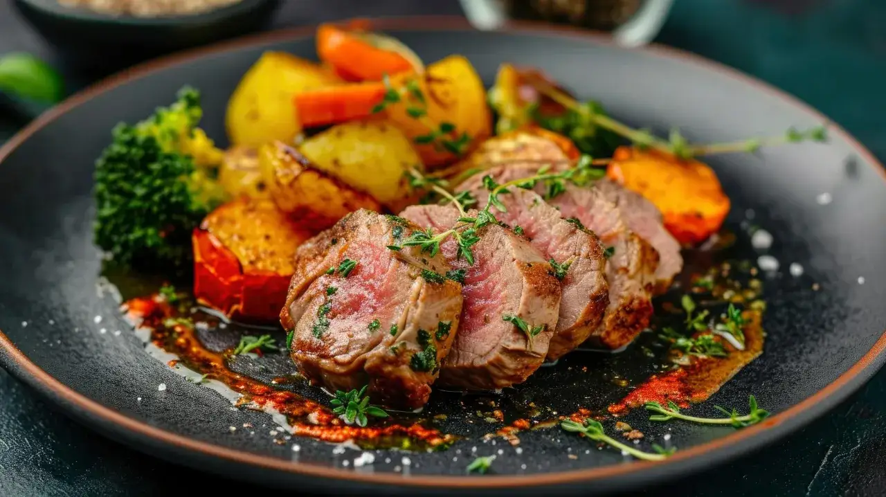 Solomillo de cerdo jugoso en airfryer, servido con patatas asadas, br&oacute;coli y zanahoria. &iexcl;Un plato perfecto!
