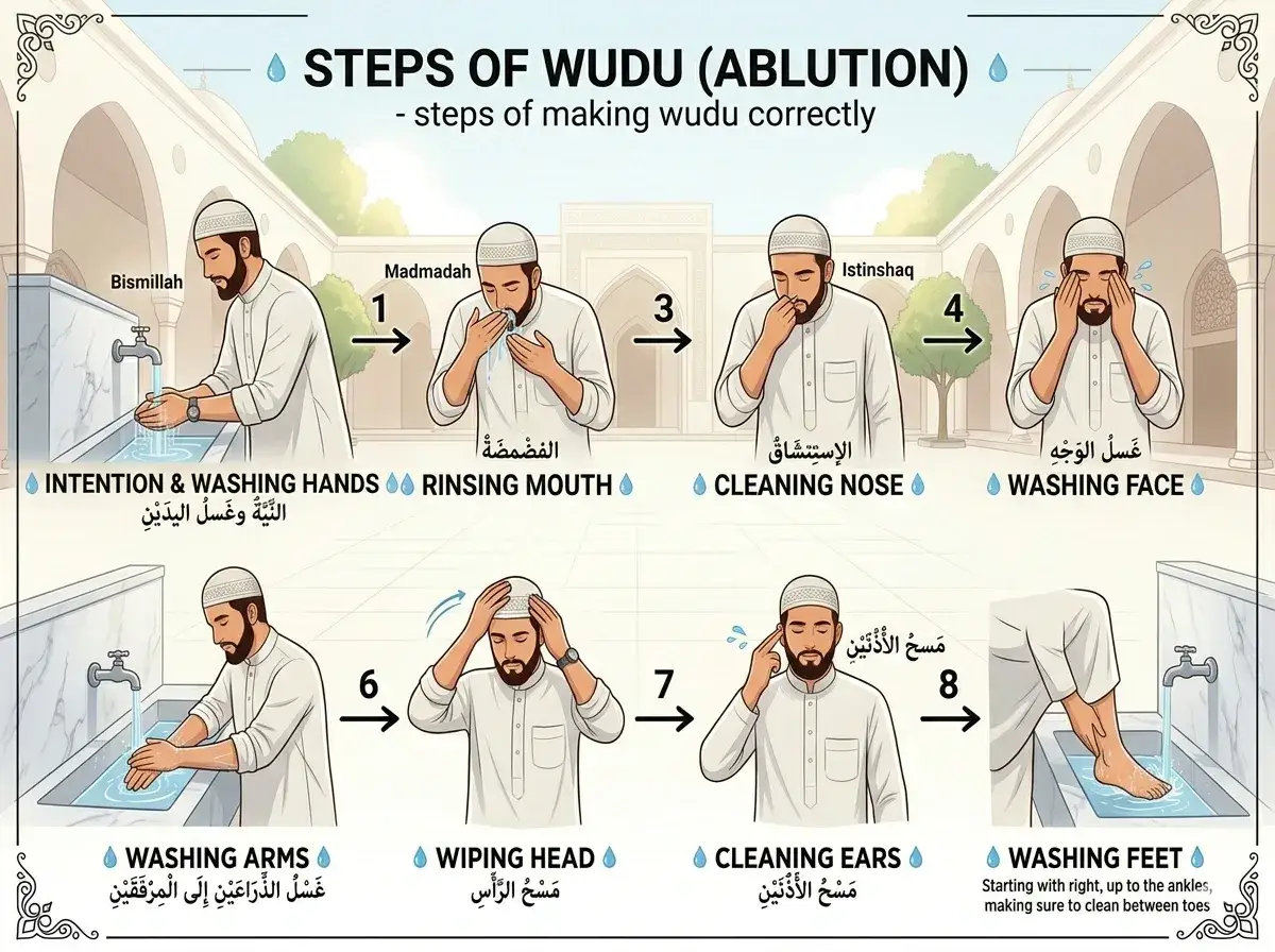 Illustration visar stegen f&ouml;r wudu (rituell tvagning) inom islam. Fr&aring;n att tv&auml;tta h&auml;nderna till att tv&auml;tta f&ouml;tterna.