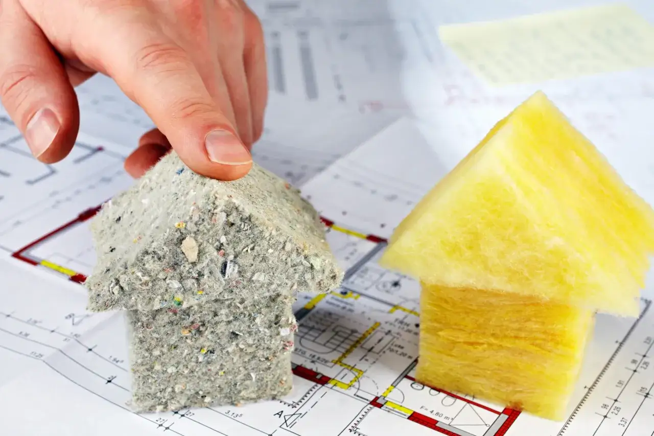 Dłoń wybiera model domu z szarego materiału, obok żółty. Porównanie materiałów izolacyjnych i ich współczynnik przewodzenia ciepła.