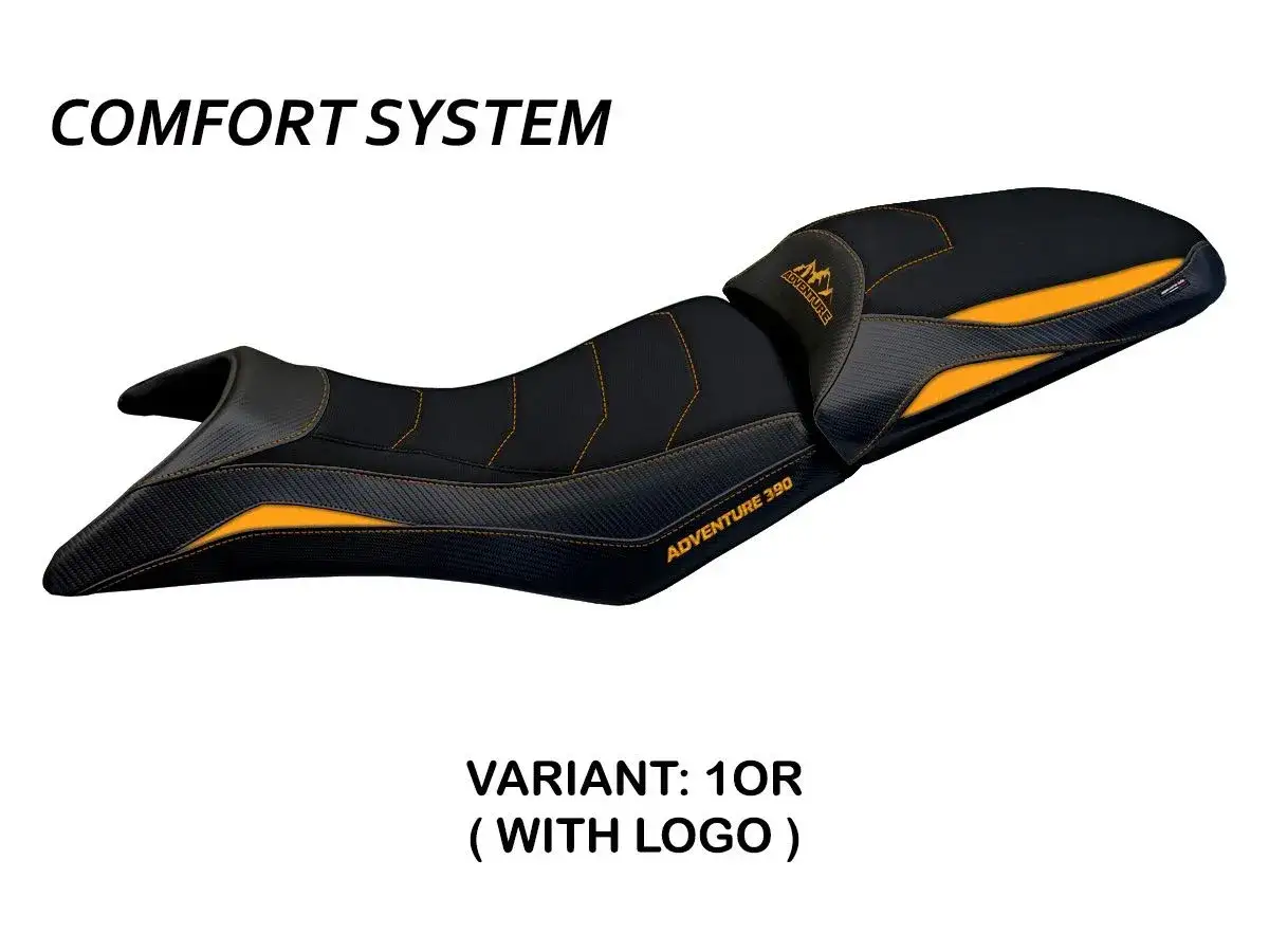 Sella comfort per KTM 390 Adventure, con logo e finiture arancioni. L'altezza della sella &egrave; pensata per un comfort ottimale.