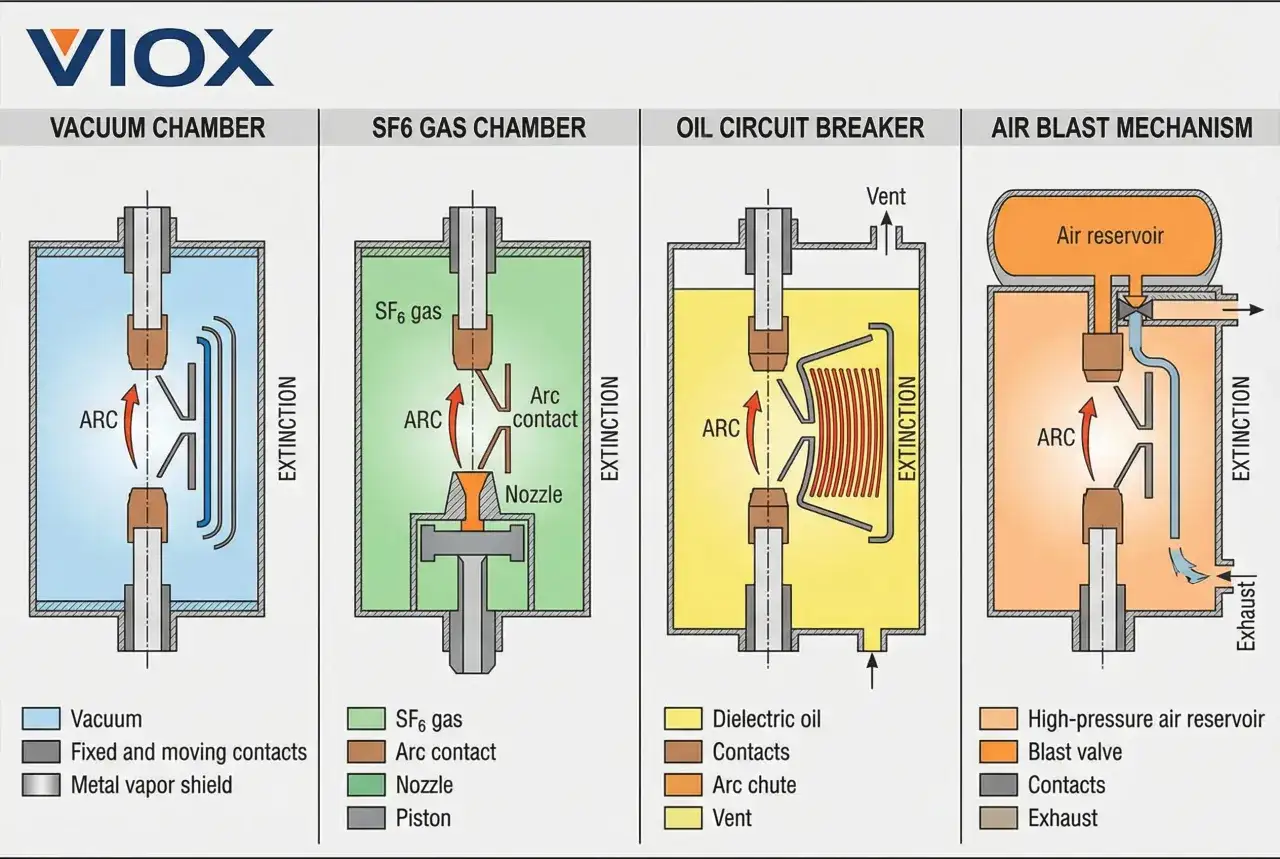 Diagrams illustrate different methods of arc quenching: vacuum, SF6 gas, oil, and air blast mechanisms, showing how arcs are extinguished.
