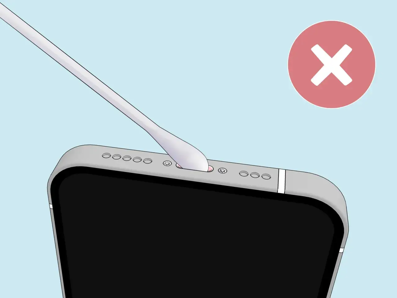 En tops n&auml;rmar sig laddningsporten p&aring; en mobiltelefon, med ett r&ouml;tt kryss som indikerar att man inte ska anv&auml;nda vatten i mobilen.