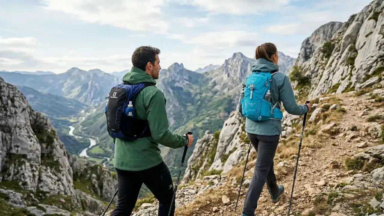 Pareja haciendo trekking en la monta&ntilde;a, disfrutando del paisaje. La diferencia entre trekking y senderismo se nota en la exigencia del terreno.