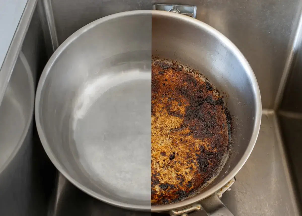 Casserole br&ucirc;l&eacute;e : danger de feu et de fum&eacute;e. La moiti&eacute; de la po&ecirc;le est propre, l'autre est carbonis&eacute;e.