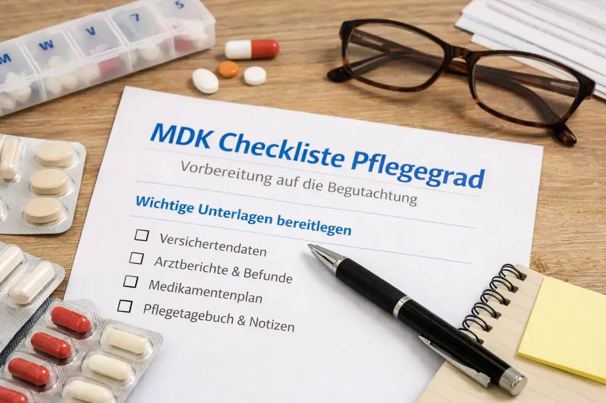 MDK-Checkliste f&uuml;r die Vorbereitung auf die Begutachtung des Pflegegrads. Was darf der medizinische Dienst nicht? Hier werden wichtige Unterlagen wie Medikamentenpl&auml;ne aufgelistet.