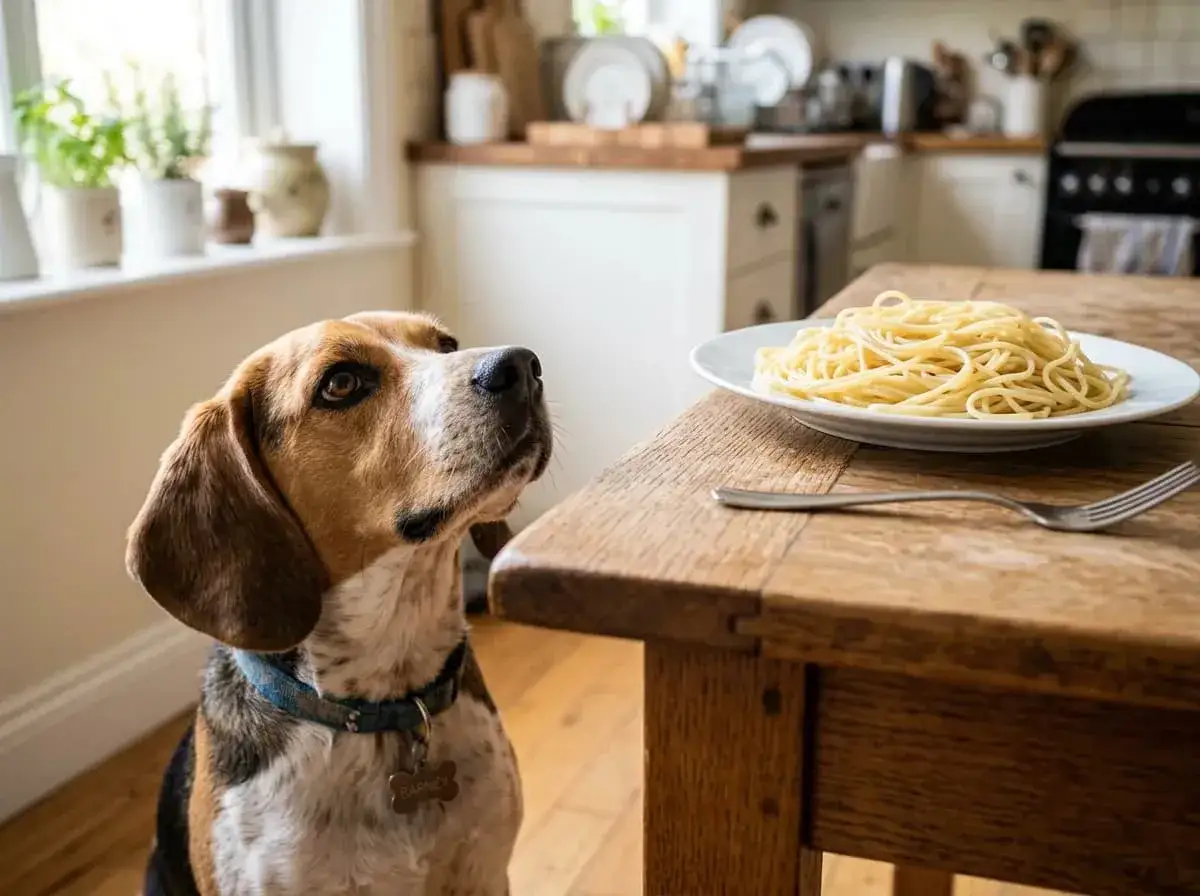 Beagle patrzy z nadzieją na talerz spaghetti, zastanawiając się, czy pies może jeść makaron.